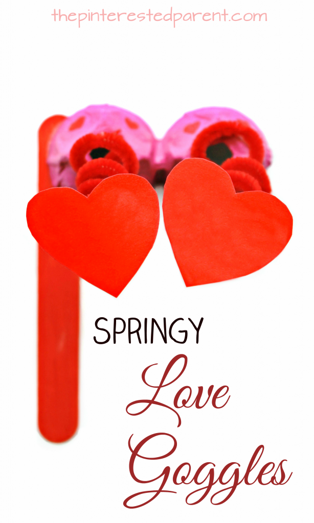 Egg carton & pipe cleaner love goggles - Valentine's Day arts & crafts for kids. Recyclable dangling heart glasses