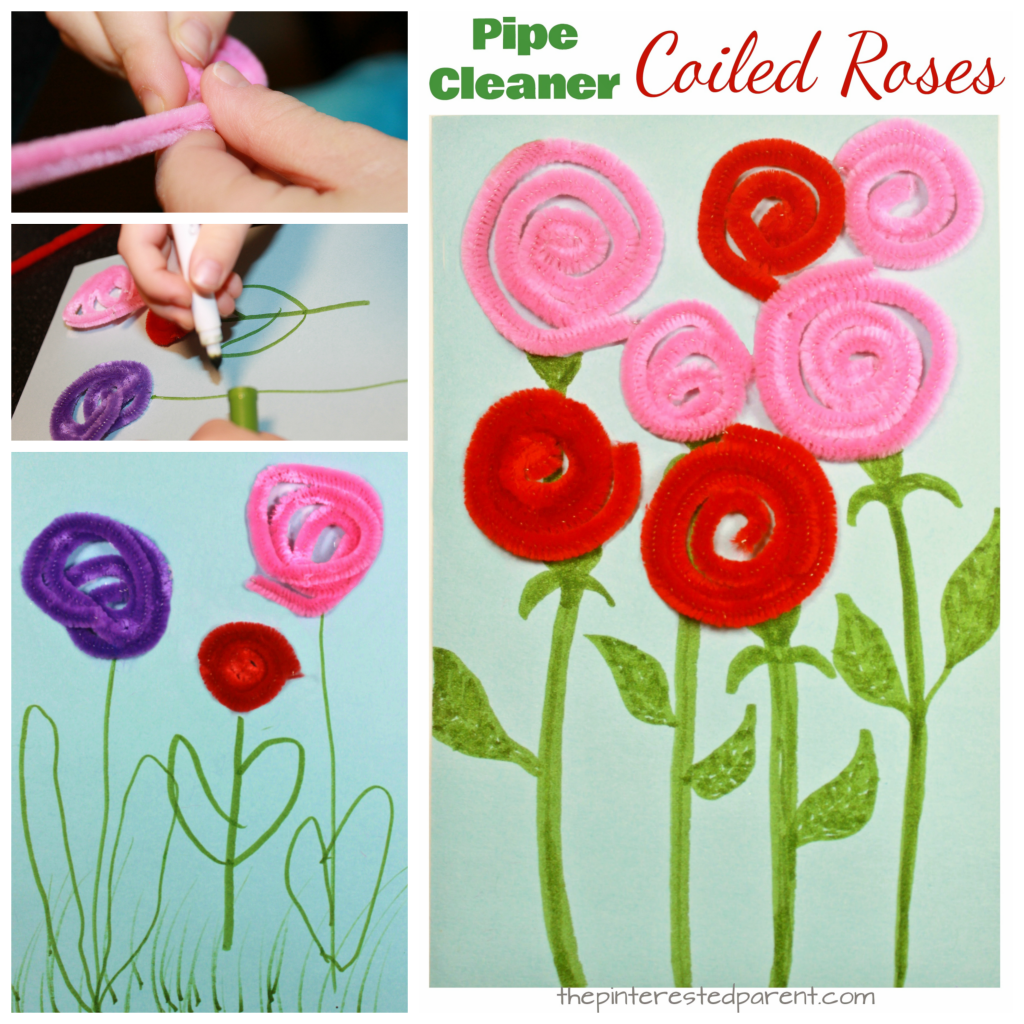 Pipe cleaner or yarn coiled roses. A great fine motor skill arts and craft idea for kids. Perfect for Valentine's Day or Mother's Day or to welcome spring flowers.