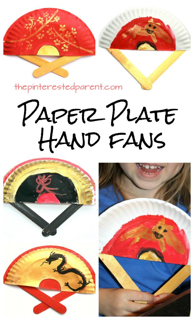 Painted Paper Plate Hand Fans. Great for Chinese Lunar New Year or Vietnamese Tet. Kid's & preschooler cultural arts and crafts ideas.