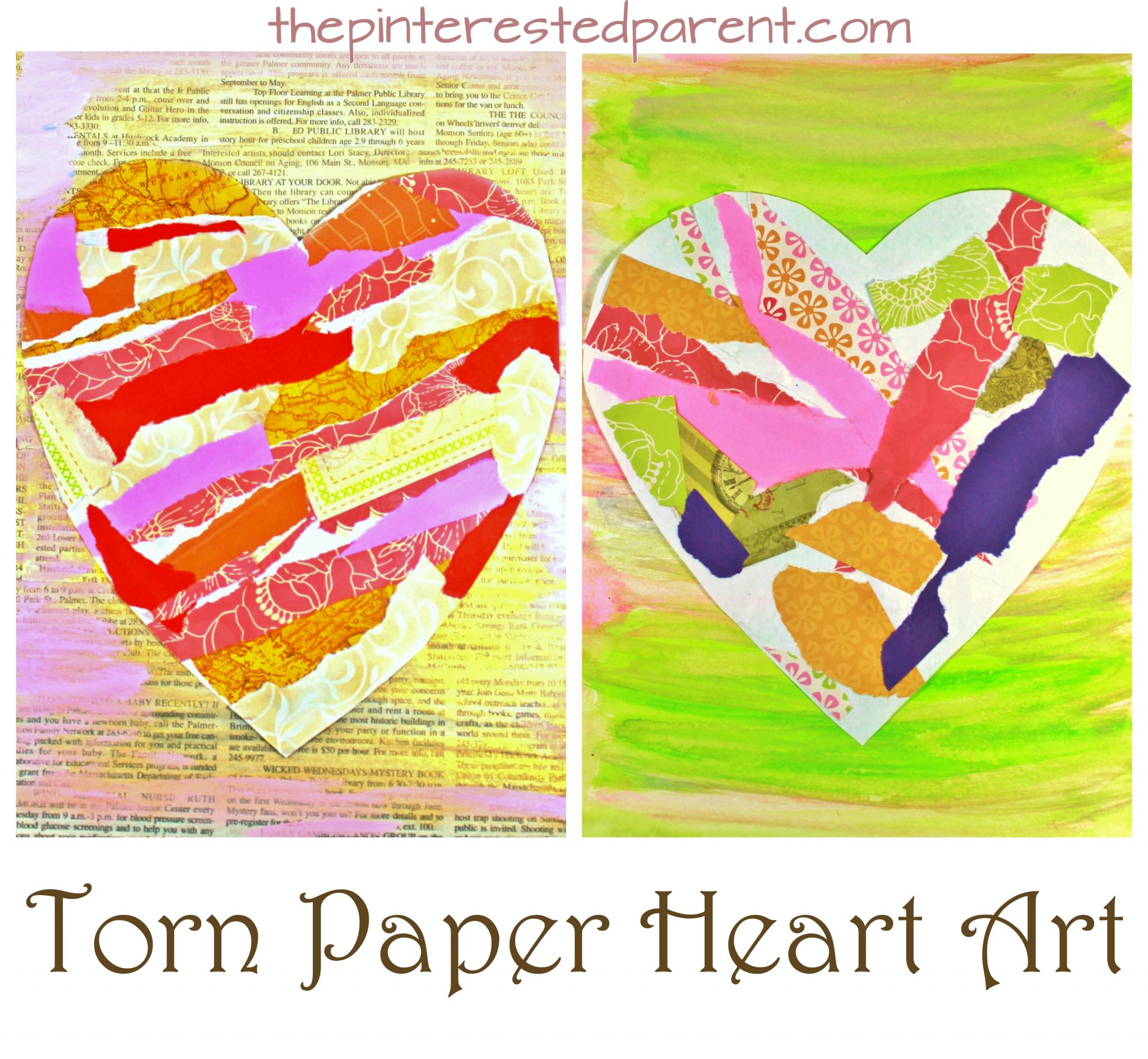 Torn scrap book paper heart craft for kids. Easy & pretty Valentine's mixed media art project for preschoolers and kids. Painted newspaper arts & crafts project