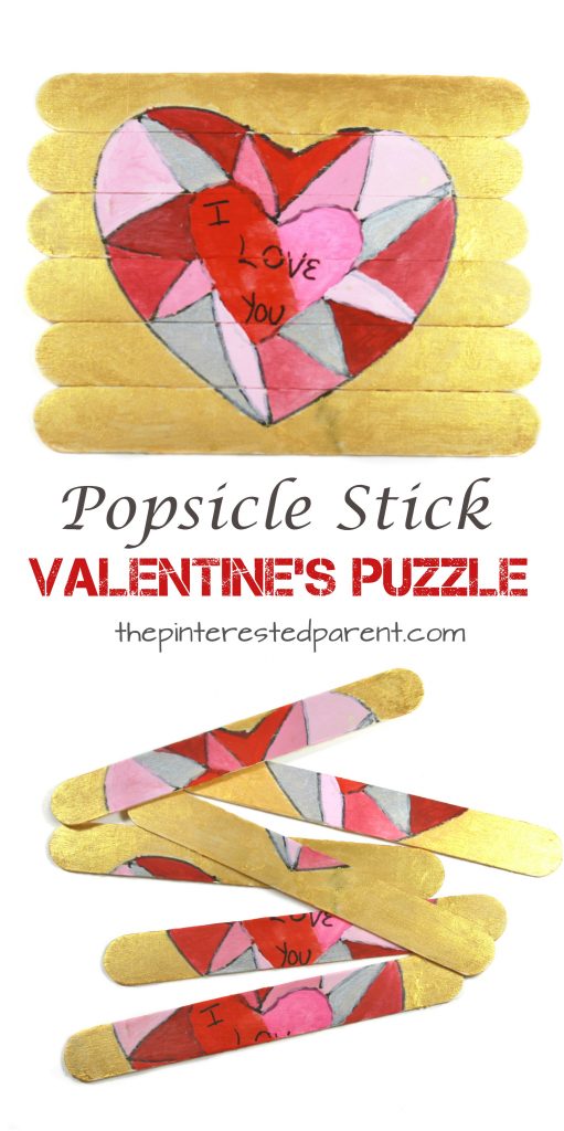 Make a sweet message of love for mom, dad or grandma and grandpa. Popsicle stick Valentine's heart puzzle. Arts & crafts for kids and preschoolers. Cute gift idea.