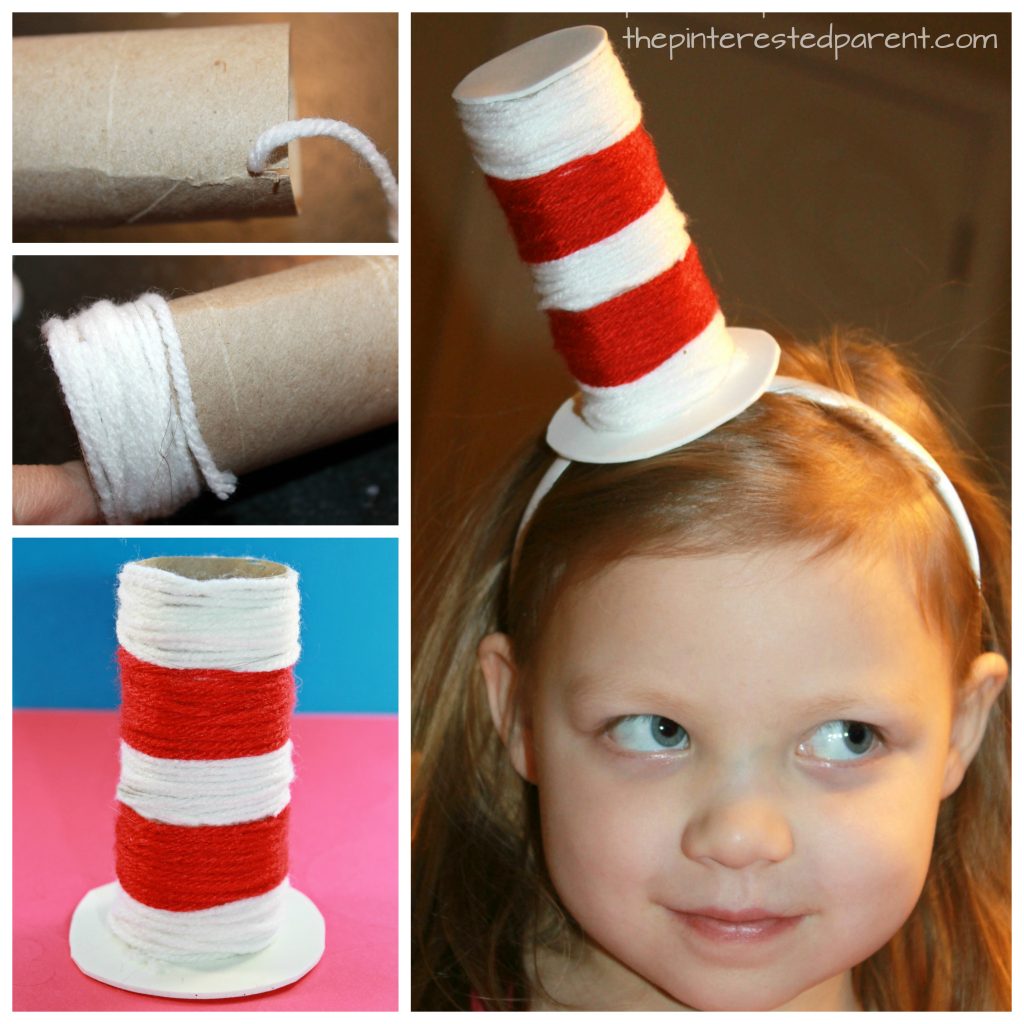 Toilet paper tube Dr. Seuss hat. Recycle cardboard rolls wrap with yarn for an easy Cat in the Hat inspired arts and craft project for the kids. A great fine motor activity as well.
