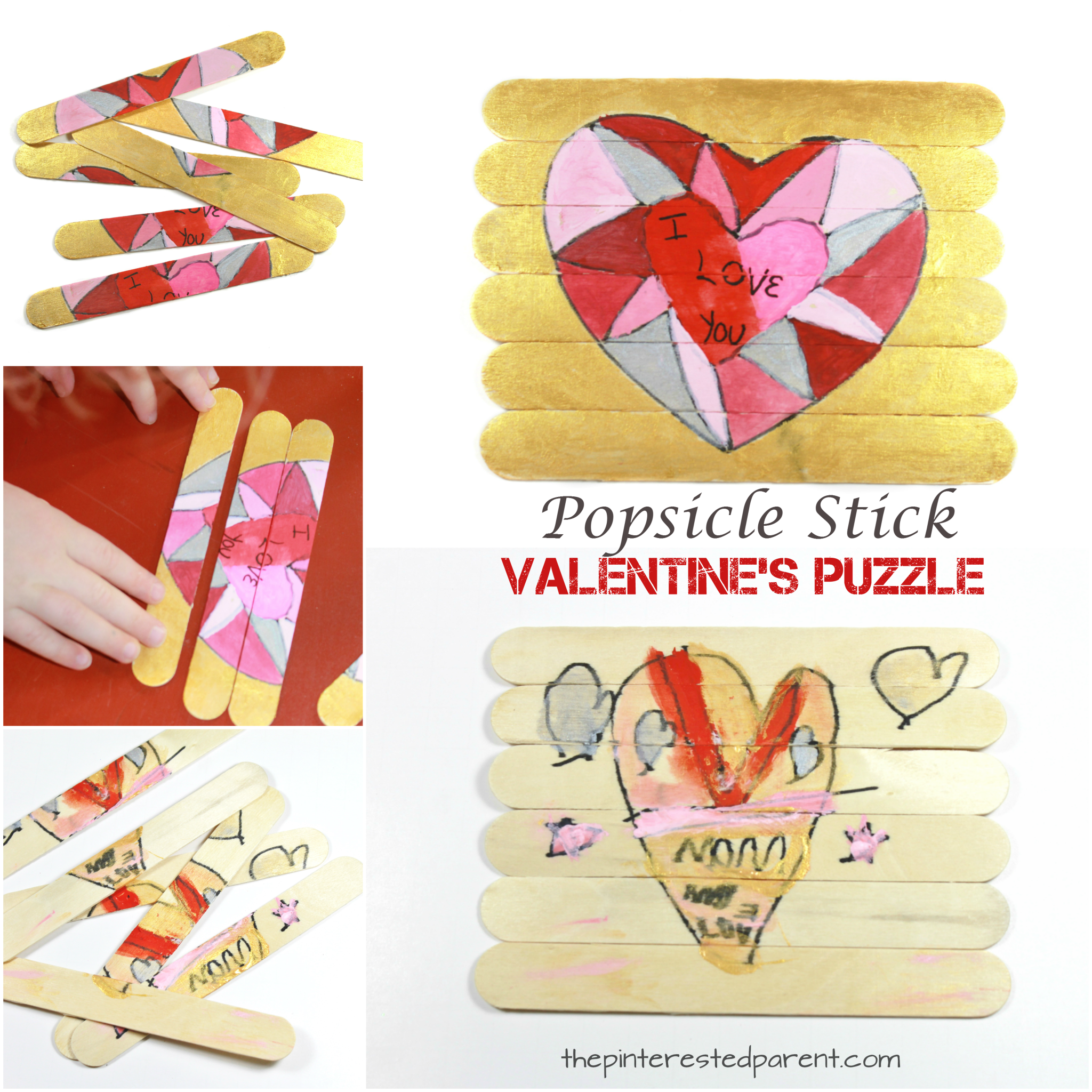 Make a sweet message for mom, dad or grandma and grandpa. Popsicle stick Valentine's heart puzzle. Arts & crafts for kids and preschoolers. Cute gift idea.