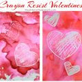 Crayon resist bleeding tissue paper painted hearts for Valentine's Day. Kid's arts and crafts ideas. This pretty art project is great for preschoolers.