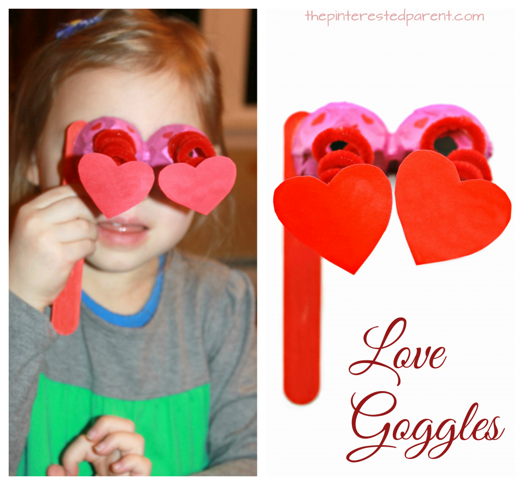 Egg carton & pipe cleaner love goggles - Valentine's Day arts & crafts for kids. Recyclable dangling heart glasses