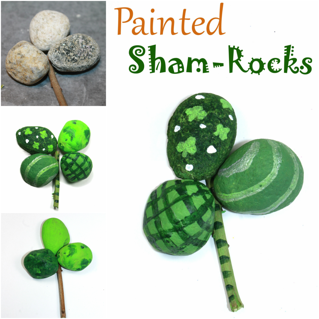 Painted rock shamrocks or four leaf clovers for St. Patrick's Day. Nature arts and kids for kids.