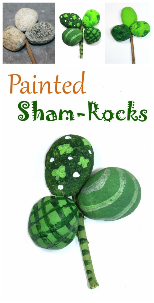 Painted rock shamrocks or four leaf clovers for St. Patrick's Day. Nature arts and kids for kids. 