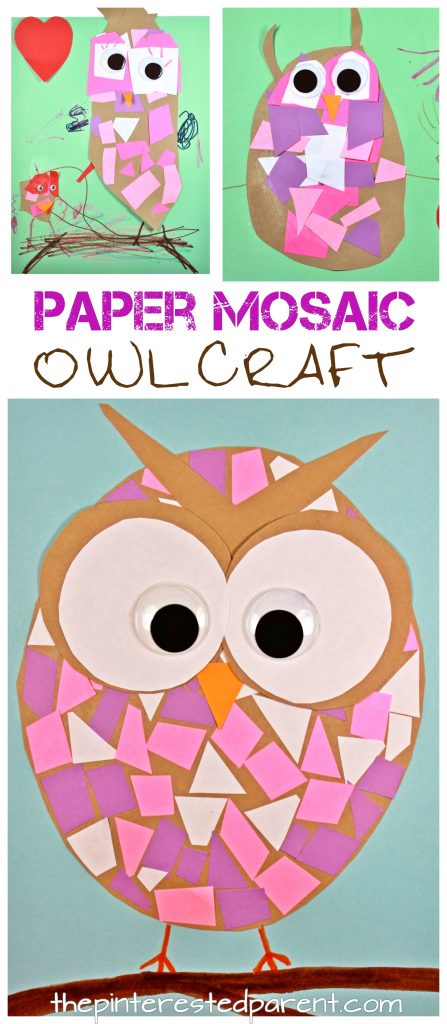 Construction paper mosaic owl craft - easy arts and craft for kids and preschoolers. Great for cutting and scissor skills. Fine motor activities