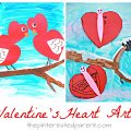 Mixed media heart shaped love butterflies and birds for Valentine's Day. Watercolor, acrylic paint and construction paper and markers. Arts and crafts for kids
