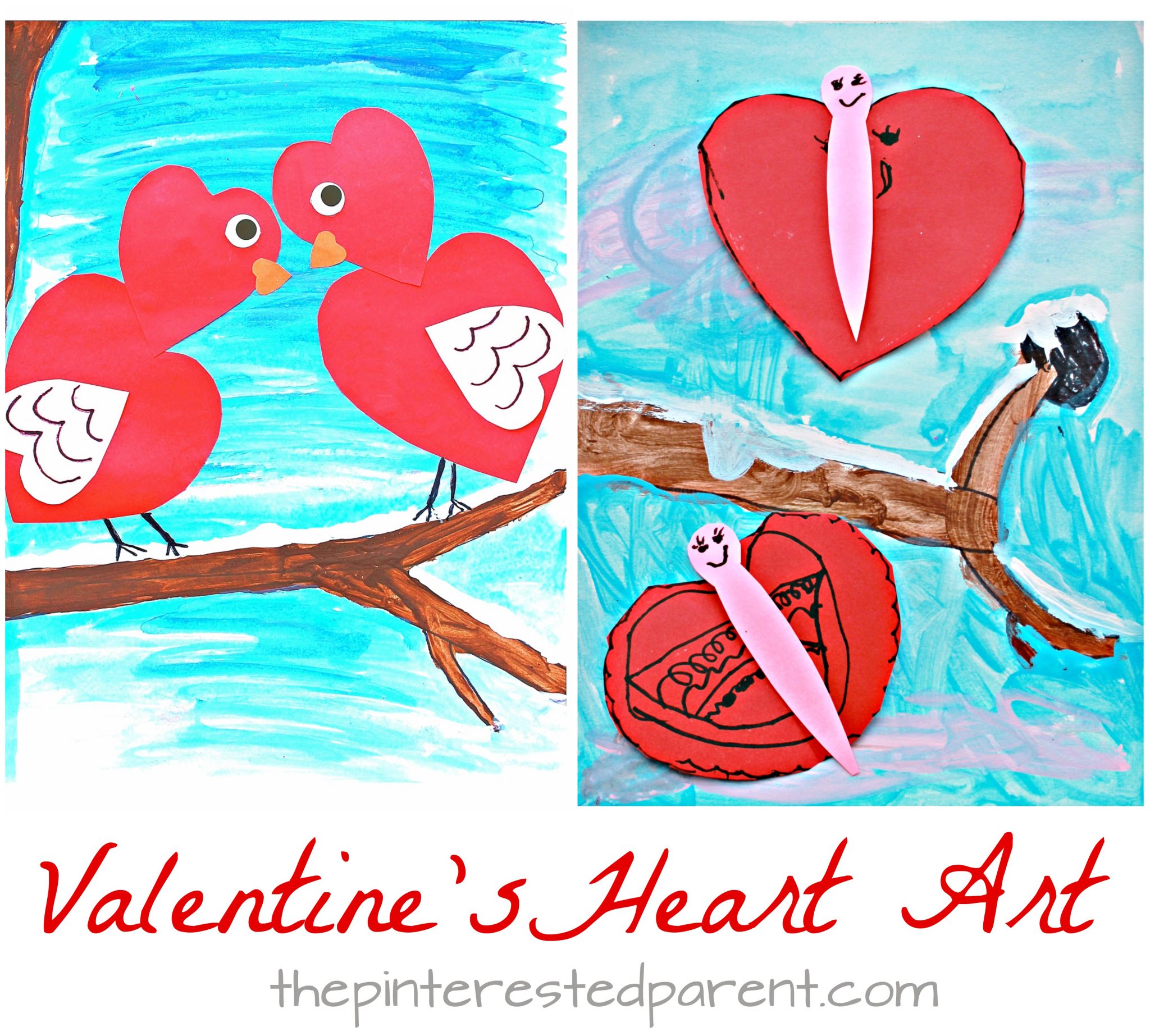 Mixed media heart shaped love butterflies and birds for Valentine's Day. Watercolor, acrylic paint and construction paper and markers. Arts and crafts for kids