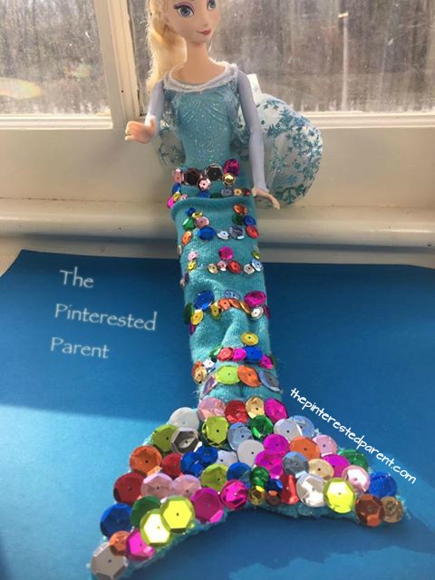 Use an old tube sock and some sequins to make this no sew mermaid tail for your Barbie. Arts and crafts for your kids