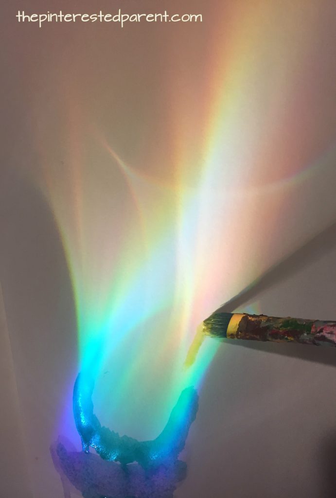 Make, explore and paint rainbows. Use a CD and sunlight or a flashlight to cast rainbows, study and paint with watercolors or color with markers or crayons. A great piece of process art for kids. Art and science, STEAM projects for preschoolers.