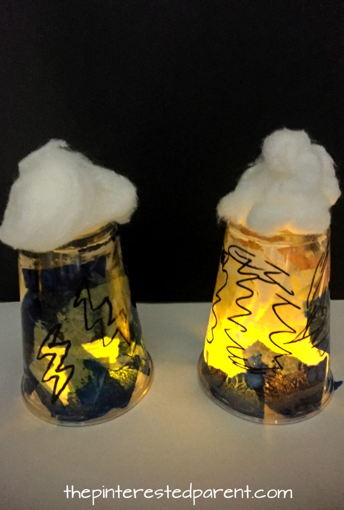 Plastic cup storm luminary. Weather, lightning and rain arts and crafts for kids. Spring projects for preschoolers and kids