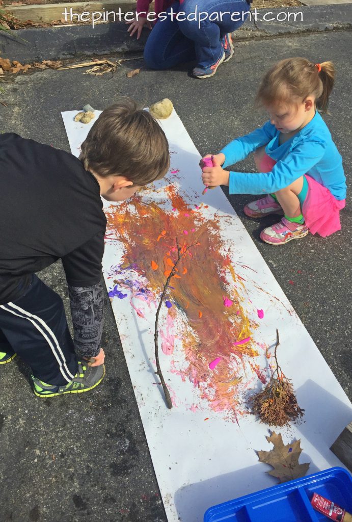Painting with nature. Paint with sticks, leaves, rock etc.. Kid's play and process art for the spring, summer or fall.