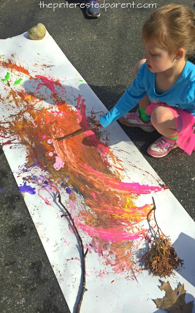 Painting with nature. Paint with sticks, leaves, rock etc.. Kid's play and process art for the spring, summer or fall.