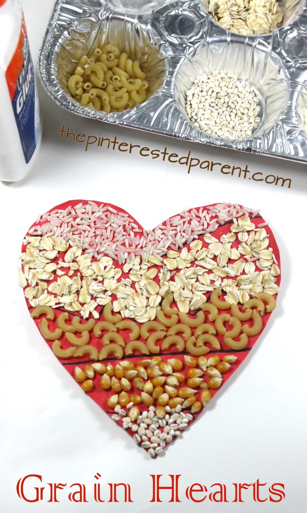 Hearts made with grains. Perfect for Valentine's day. Use rice, oats, pasta, barley, popcorn kernels. Arts and crafts for kids & preschoolers