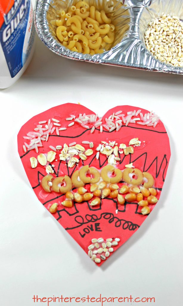 Hearts made with grains. Perfect for Valentine's day. Use rice, oats, pasta, barley, popcorn kernels. Arts and crafts for kids & preschoolers