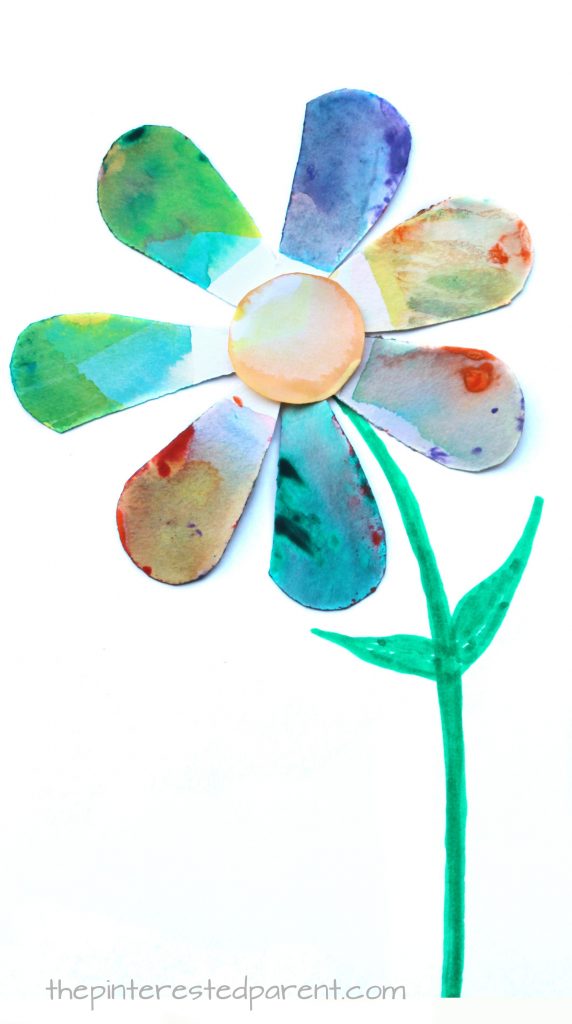 Watercolor dip painted flower art. Spring arts and crafts projects for kids. Beautiful and fun process