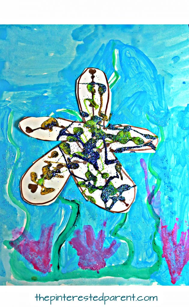 Glitter Sea Star on watercolor paints. Under the sea arts and crafts projects for kids and preschoolers. Twinkle, twinkle, little sea star underwater painting