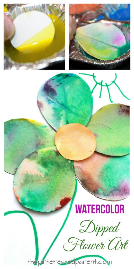 Watercolor dipped flower art. Spring arts and crafts projects for kids. Beautiful and fun process. Watercolor Dipped Flowers
