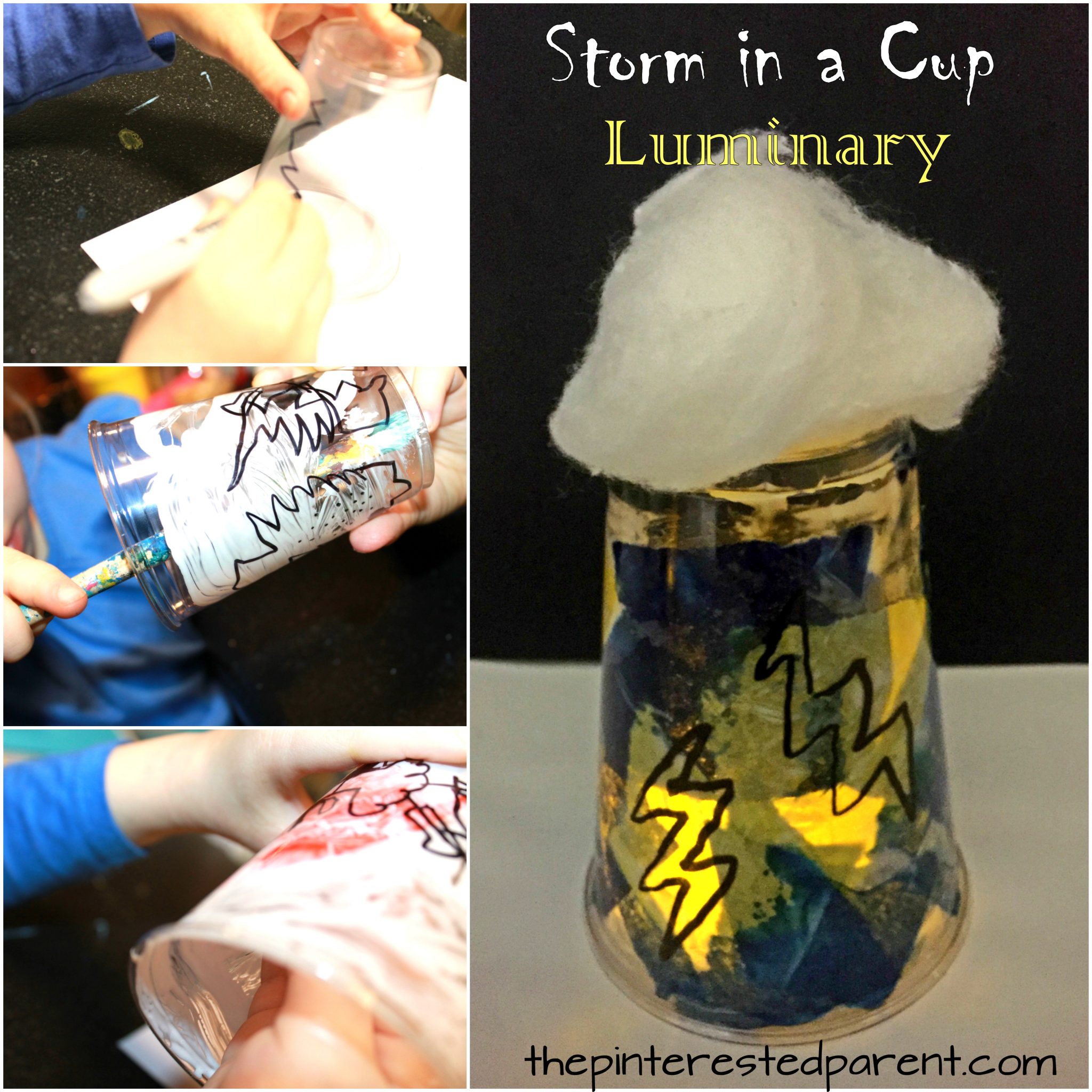 Plastic cup storm luminary. Weather, lightning and rain arts and crafts for kids. Spring projects for preschoolers and kids