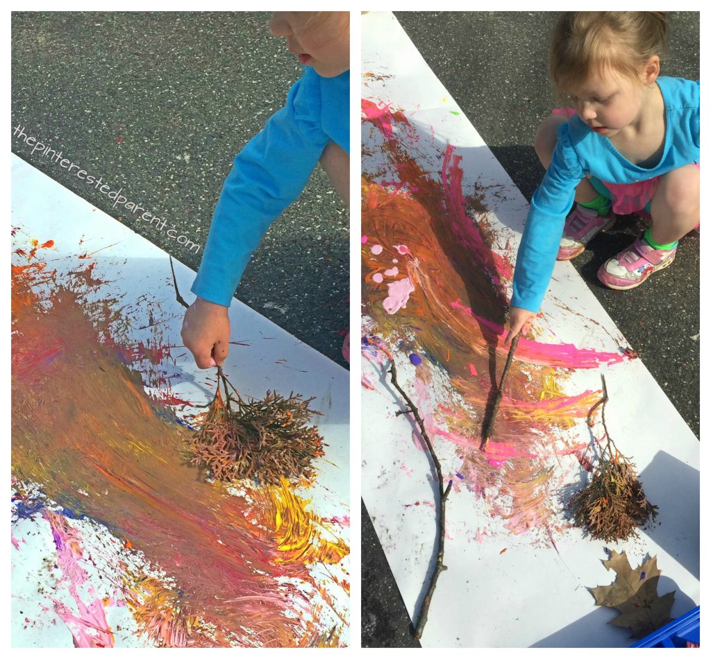 Nature painting. Paint with sticks, leaves, rock etc.. Kid's play and process art for the spring, summer or fall.