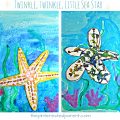 Glitter Sea Star on watercolor paints. Use salt for an additional effect. Under the sea arts and crafts projects for kids and preschoolers. Twinkle, twinkle, little sea star underwater painting