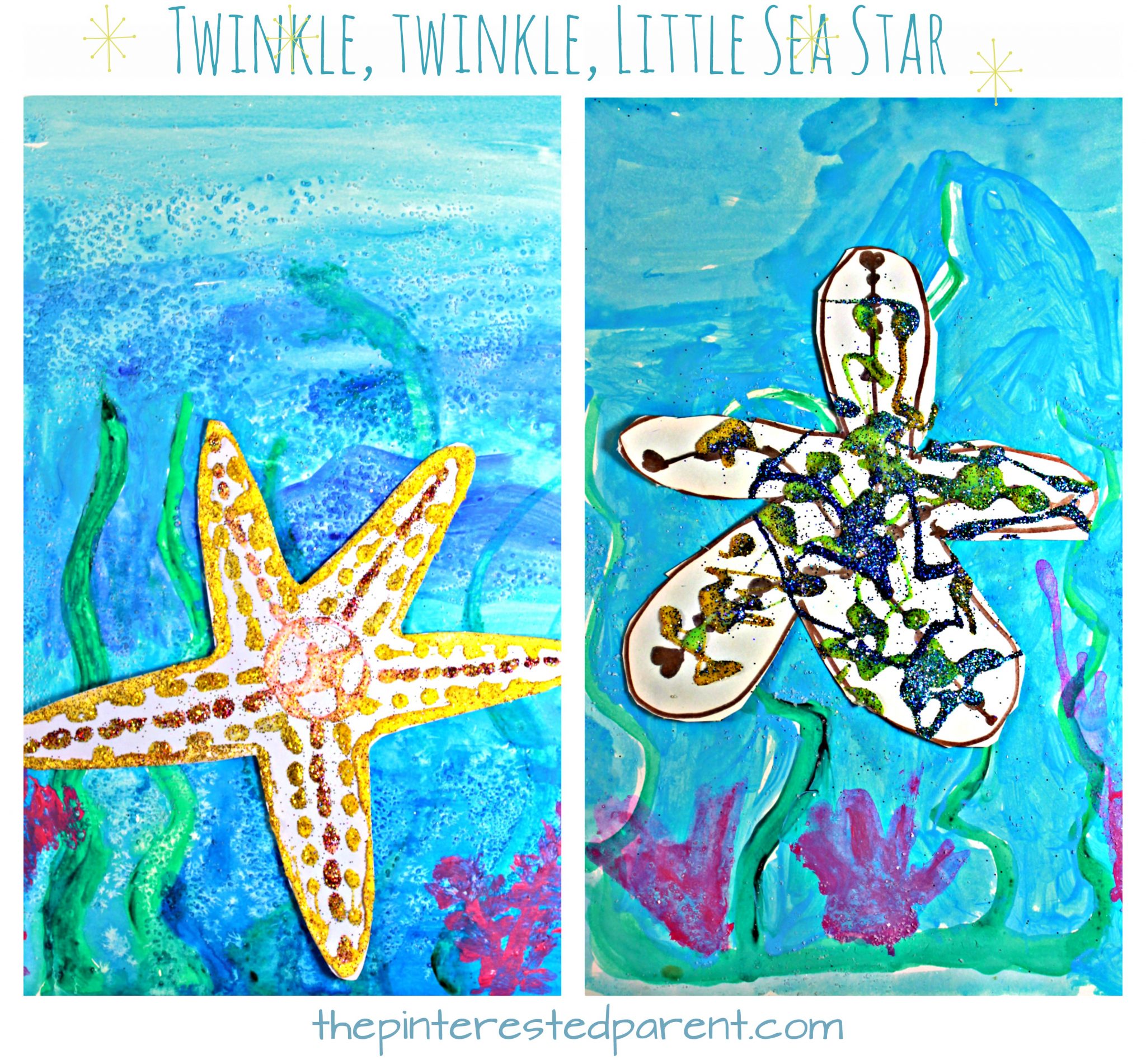 Glitter Sea Star on watercolor paints. Use salt for an additional effect. Under the sea arts and crafts projects for kids and preschoolers. Twinkle, twinkle, little sea star underwater painting