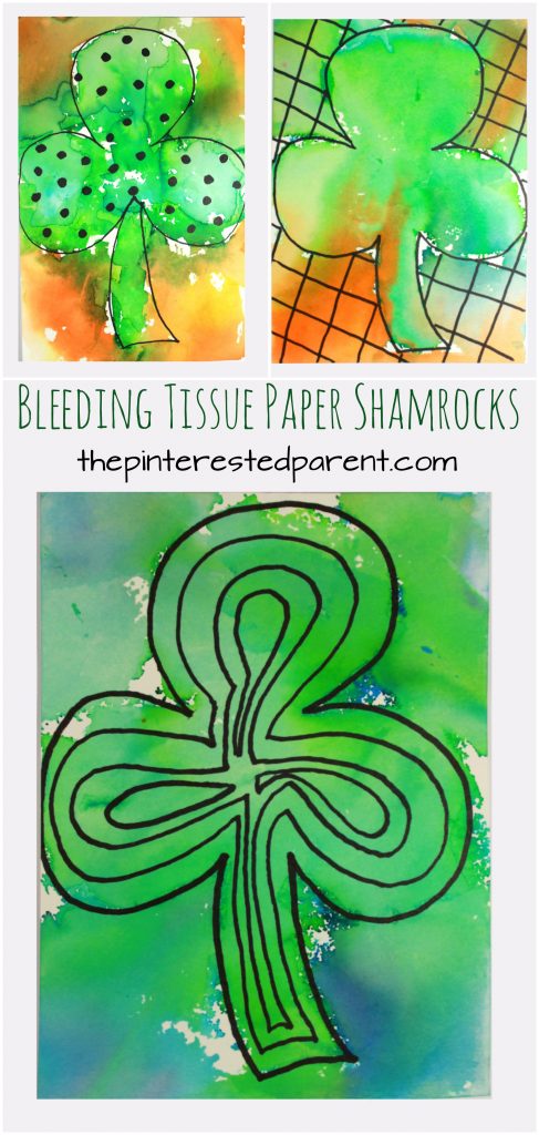 Bleeding tissue paper shamrocks for St. Patrick's Day. Easy arts and crafts art ideas and painting for preschoolers and kids.