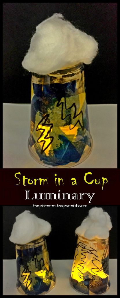 Plastic cup storm luminary. Weather, lightning and rain arts and crafts for kids. Spring projects for preschoolers and kids