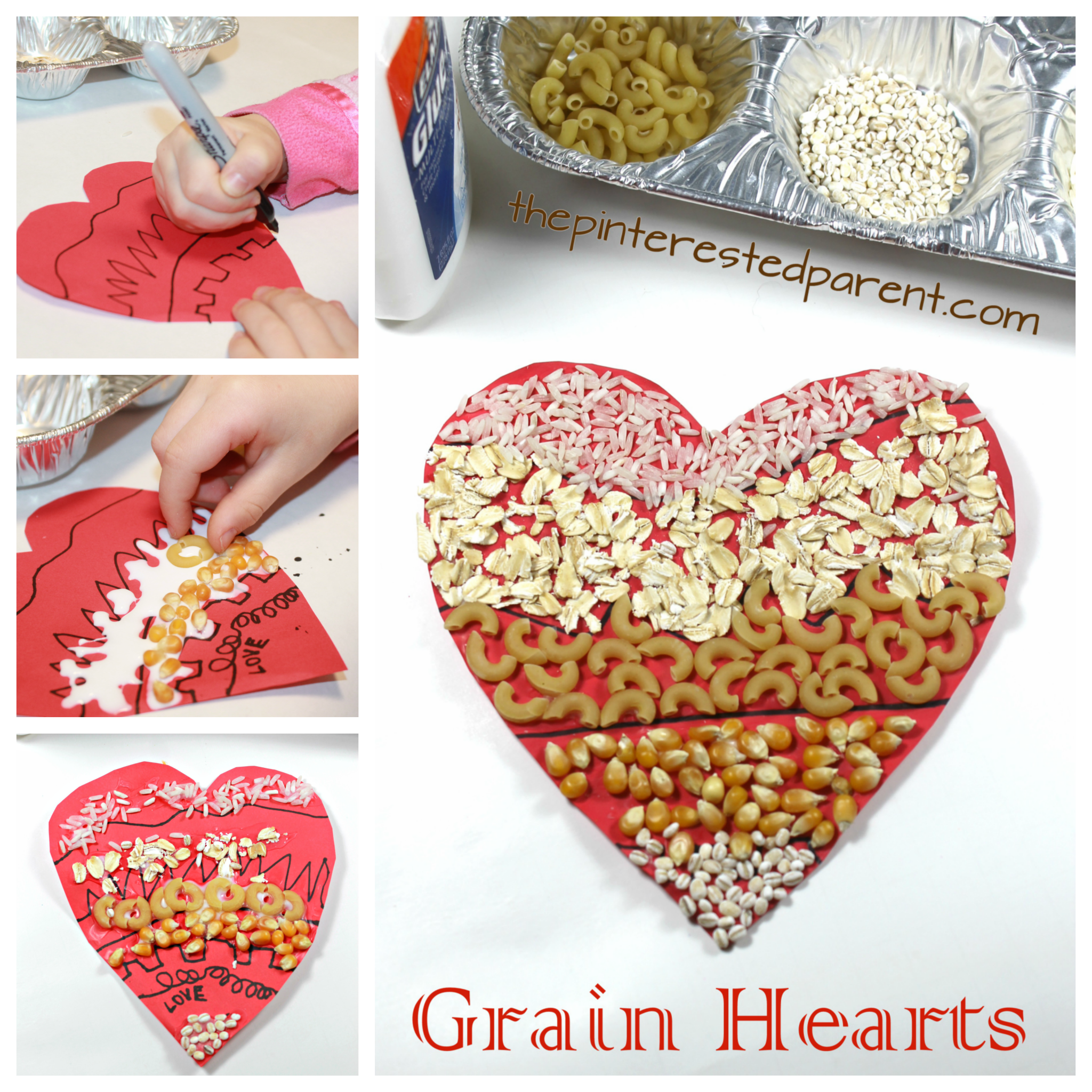 Hearts made with grains. Perfect for Valentine's day. Use rice, oats, pasta, barley, popcorn kernels. Arts and crafts for kids & preschoolers