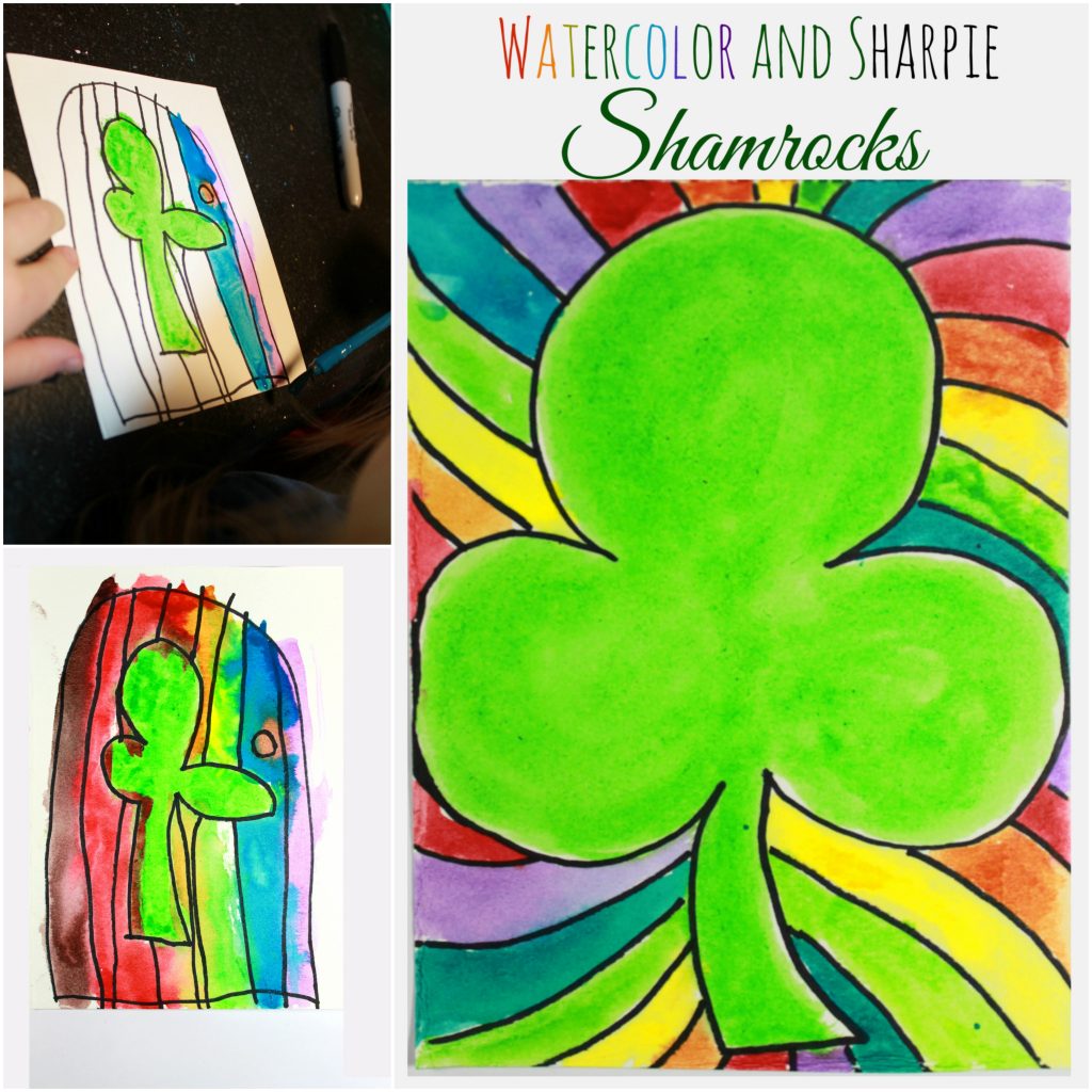 Watercolor and Sharpie shamrock paintings for St. Patrick's Day. Simple kid's arts & crafts projects. Great for preschoolers too.