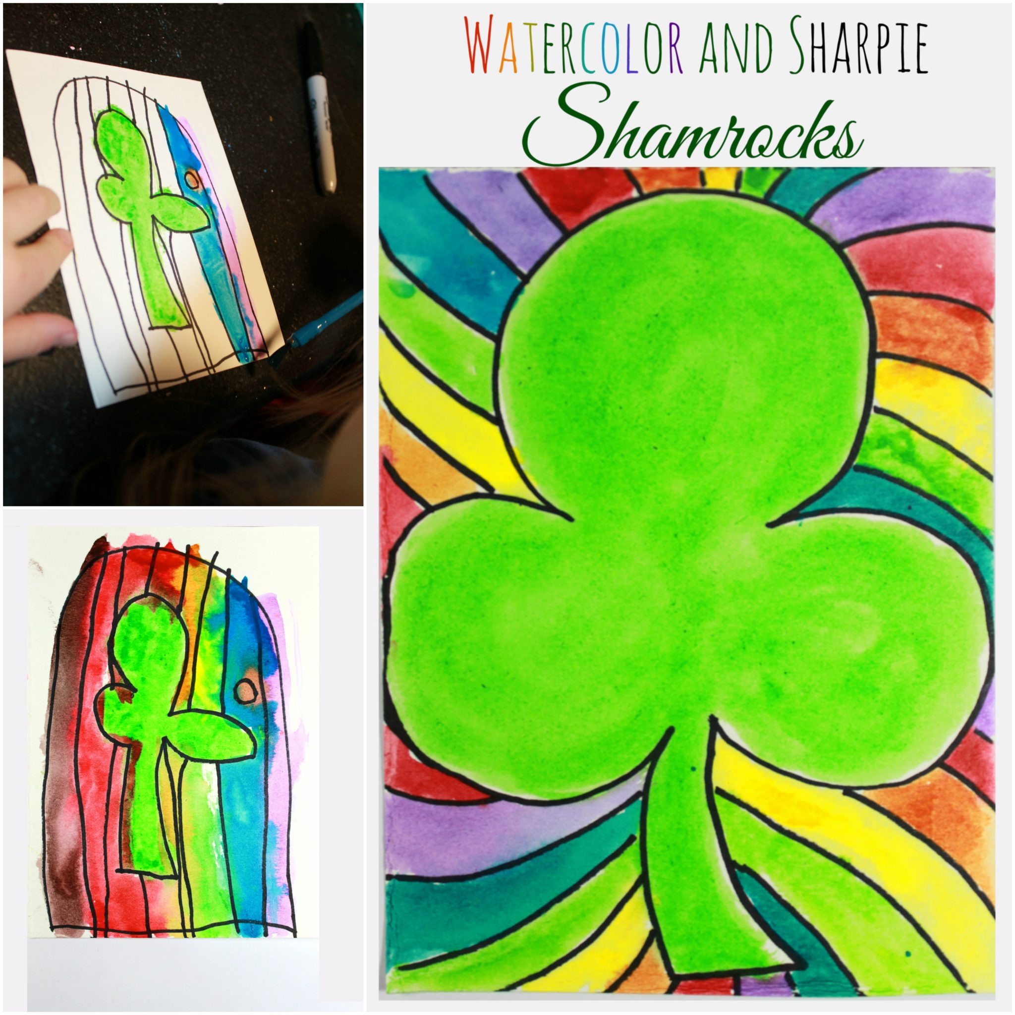 Watercolor and Sharpie shamrocks for St. Patrick's Day. Simple kid's arts & crafts, painting projects. Great for preschoolers too.
