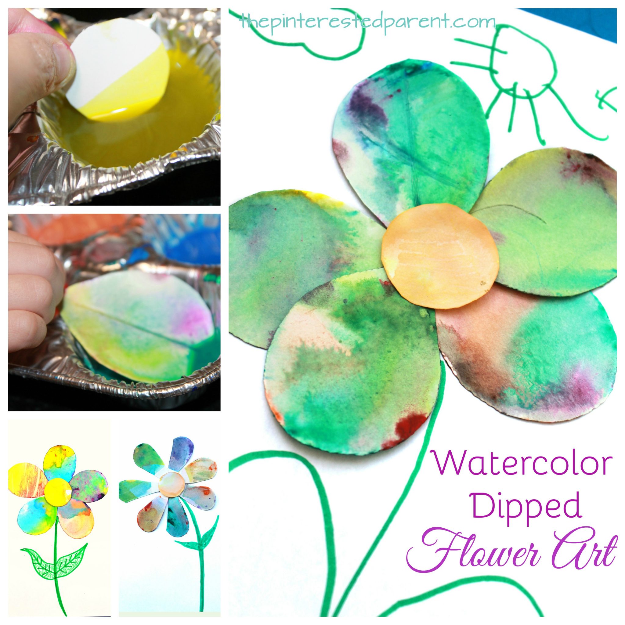 Watercolor dip painted flower art. Spring arts and crafts projects for kids. Beautiful and fun process