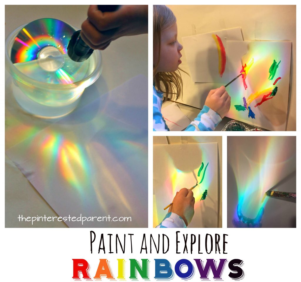 Make, explore and paint rainbows. Use a CD, water and sunlight or a flashlight to cast rainbows, study and paint with watercolors. A great piece of process art for kids. Art and science, STEAM projects for preschoolers.