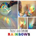 Make, explore and paint rainbows. Use a CD, water and sunlight or a flashlight to cast rainbows, study and paint with watercolors. A great piece of process art for kids. Art and science, STEAM projects for preschoolers.