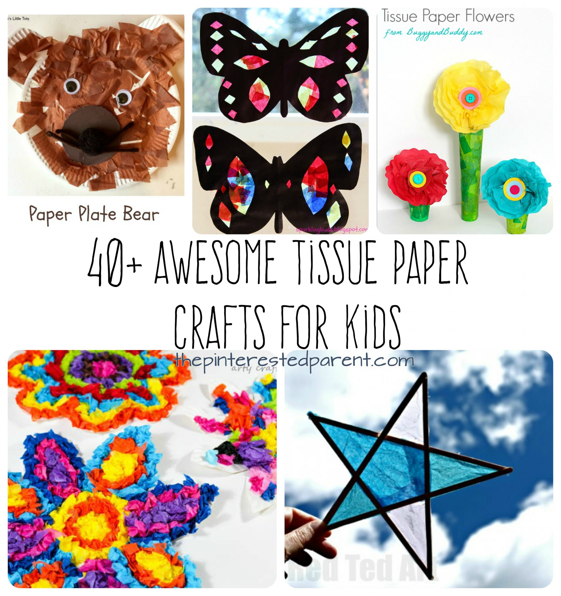 Over 40 Awesome Tissue paper arts and crafts projects for kids. Flowers, animals, seasonal and holidays.