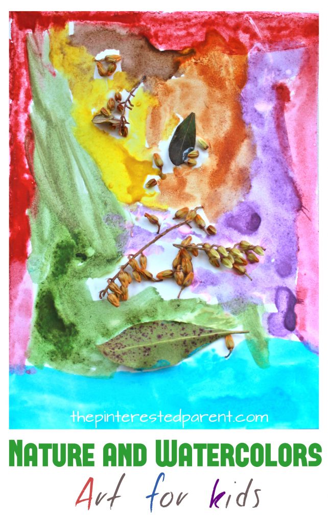 Nature and watercolor paints art collage for kids. A pretty and fun piece of process art for the preschoolers and kids. This is a great spring and summer arts and craft project