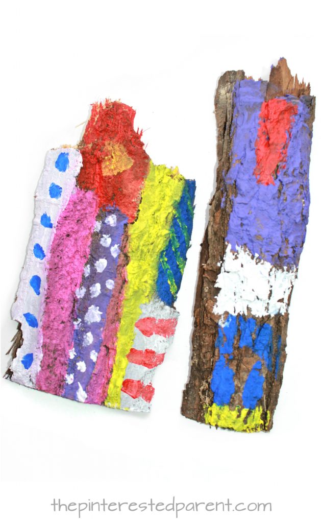 Painting on bark process art. Painting on nature and texture. Kid's arts