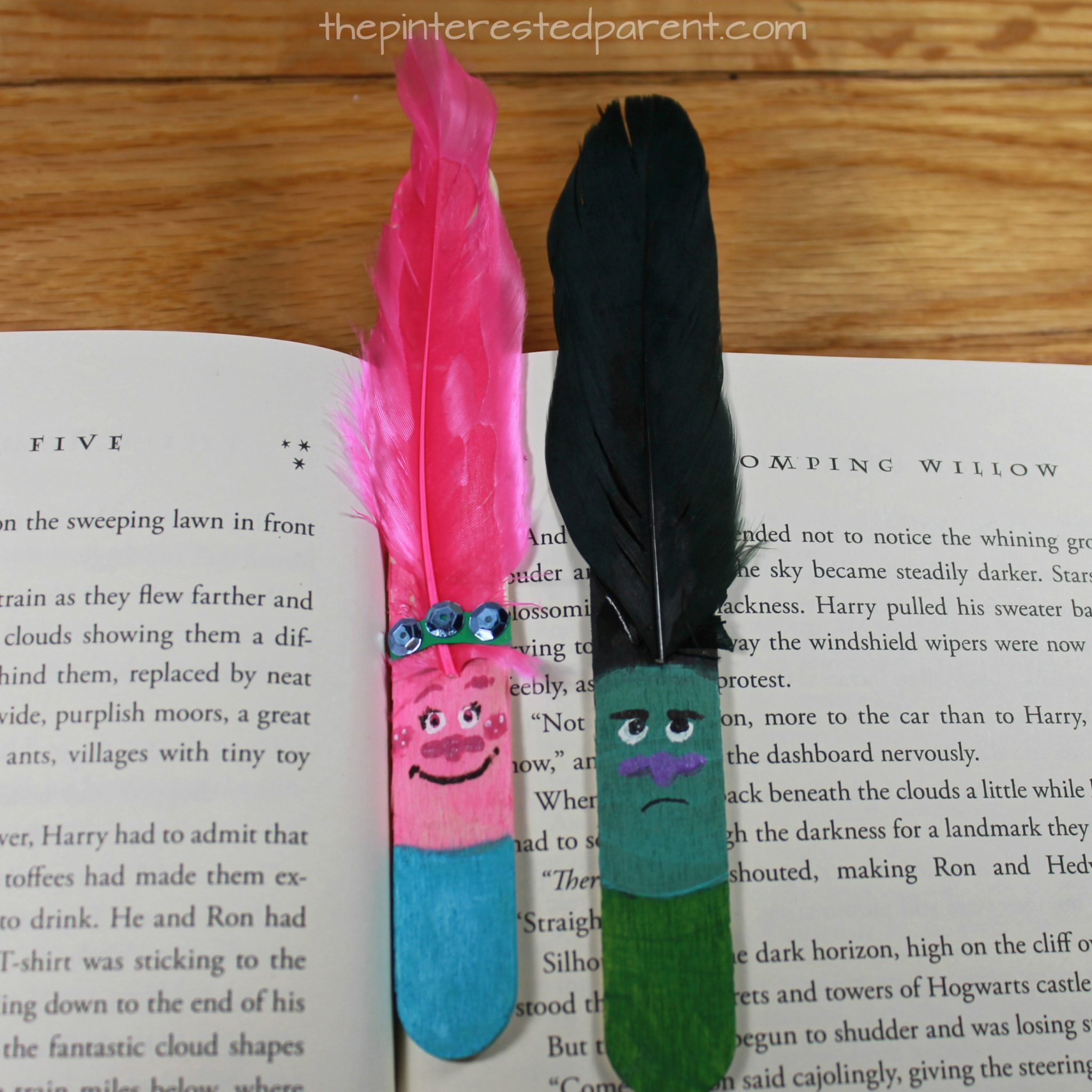 Poppy and Branch Popsicle stick bookmarks inspired by characters from the movie Trolls. Kid's arts and crafts