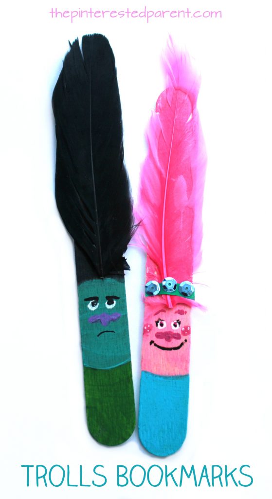 Poppy and Branch Popsicle stick bookmarks inspired by characters from the movie Trolls. Kid's arts and crafts