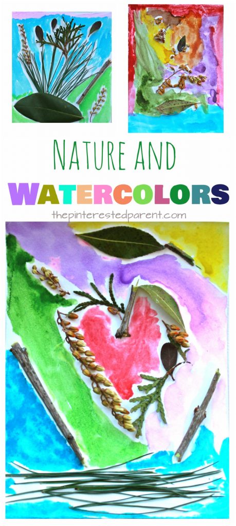 Nature and watercolor paints art collage for kids. A pretty and fun piece of process art for the preschoolers and kids. This is a great spring and summer arts and craft project