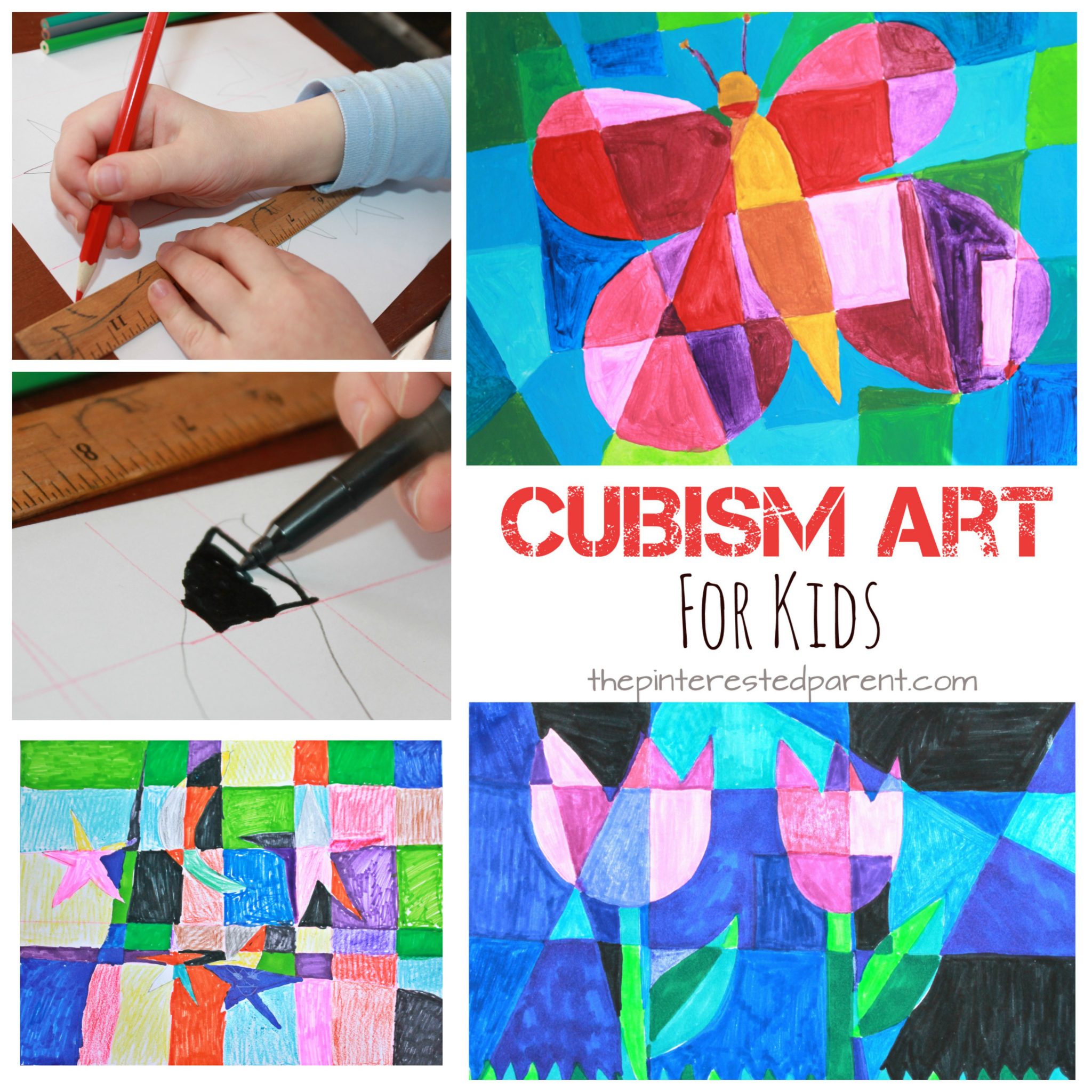 Picasso inspired Cubism art for kids. Spring arts & crafts ideas. Butterflies and tulips - abstract art