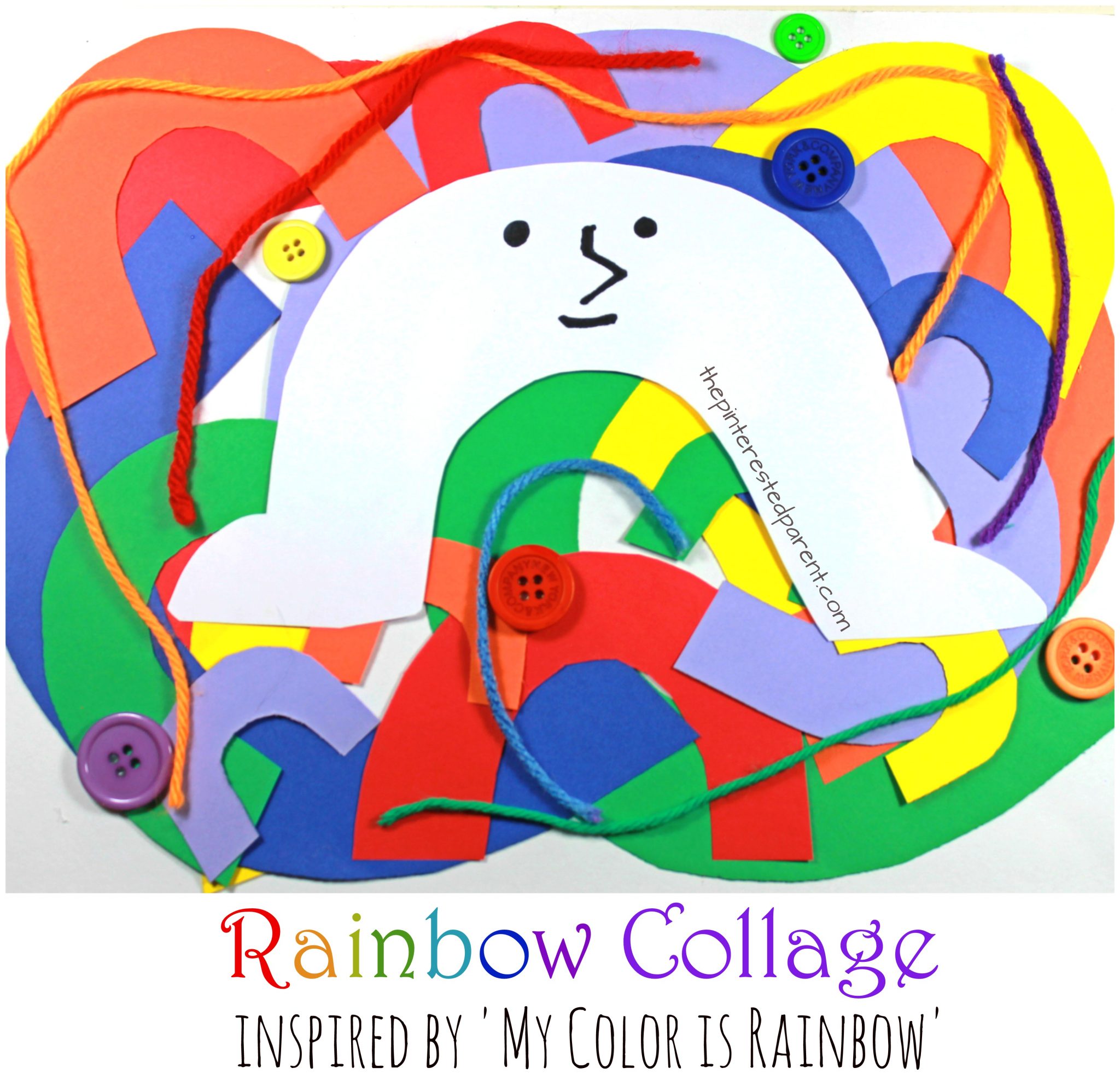 Rainbow Collage craft inspired by the book 'My Color is Rainbow'. Spring arts and crafts for kids and preschoolers. Construction paper, yarn, buttons.
