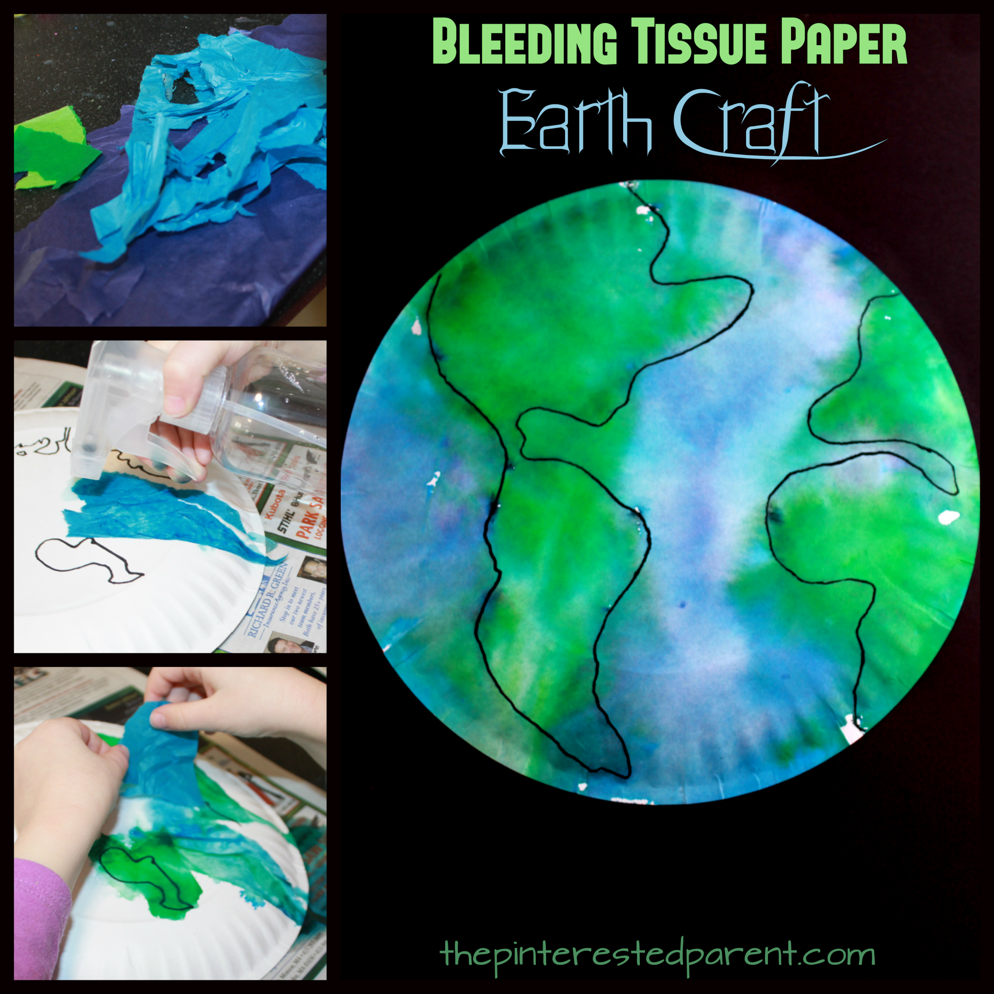 Painting with bleeding tissue paper. Paper plate Earth Day arts and craft for kids.