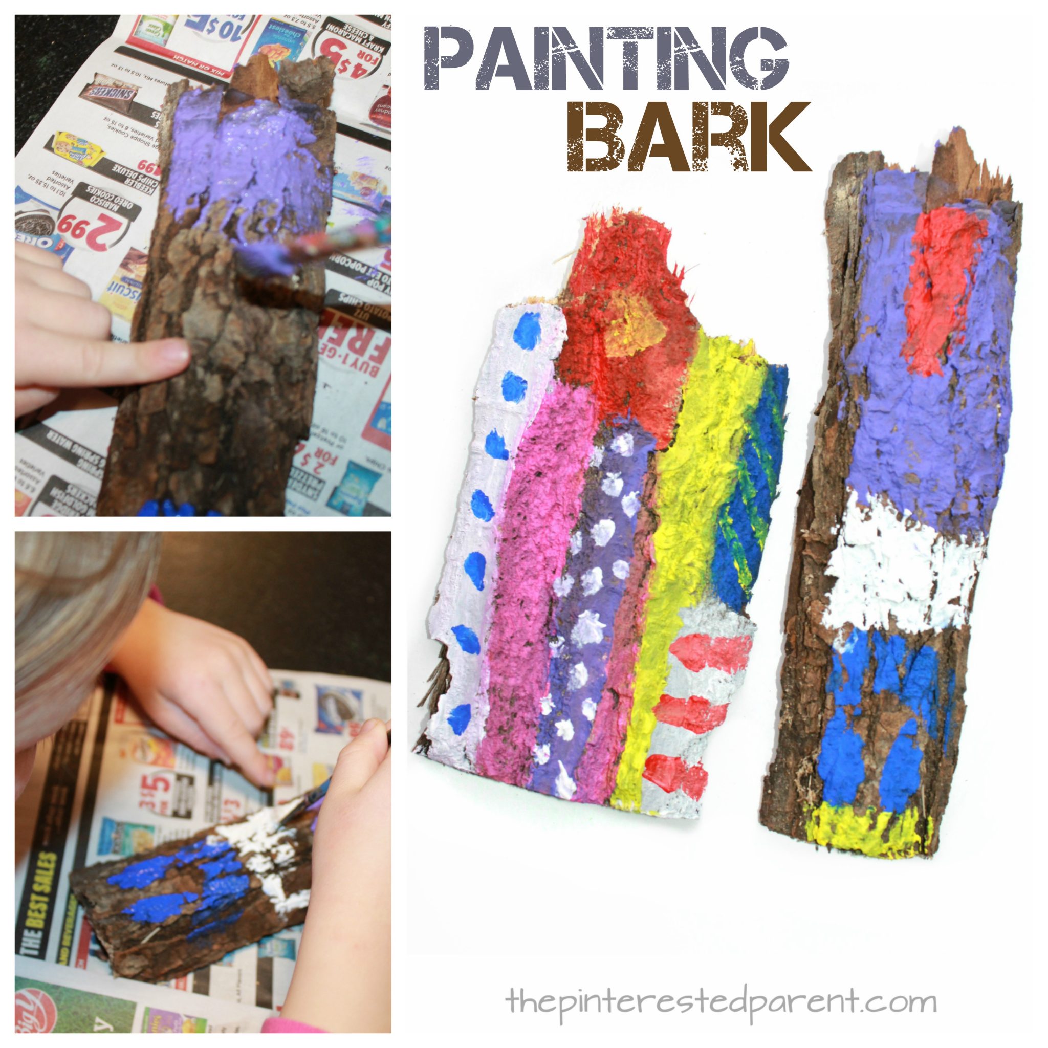 Painting on bark process art. Painting on nature and texture. Kid's arts