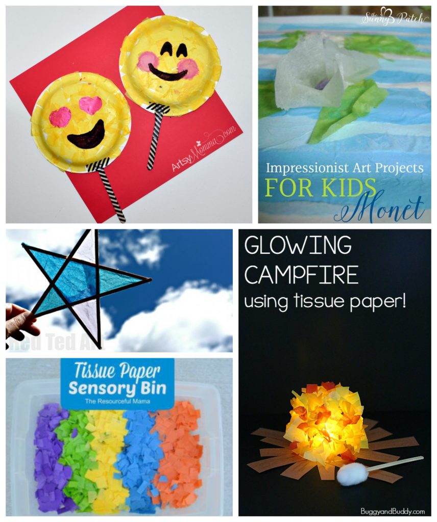 Over 40 Awesome Tissue paper arts and crafts projects for kids. Flowers, animals, seasonal and holidays.