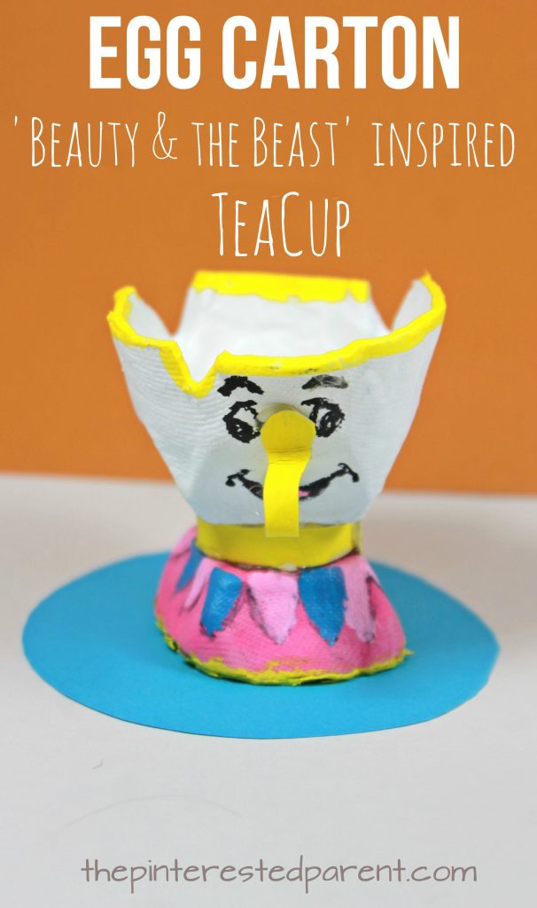 Egg Carton 'Beauty & the Beast' Chip inspired teacup craft. Kid's character inspired arts and crafts. Recyclable crafts