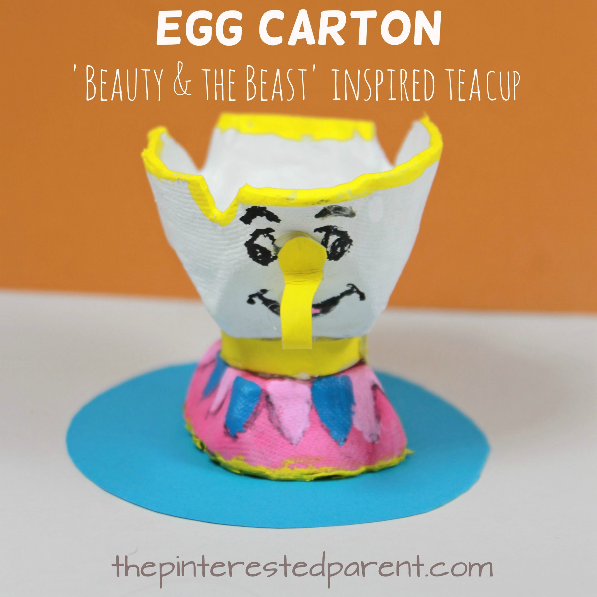 Egg Carton 'Beauty & the Beast' Chip inspired teacup craft. Kid's character inspired arts and crafts. Recyclable crafts