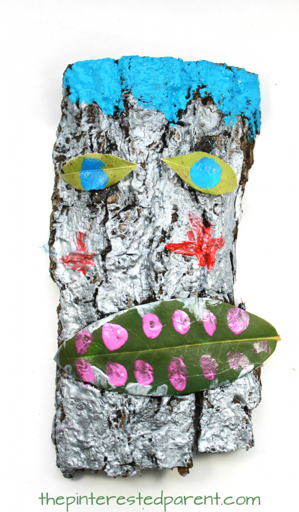 Bark tribal mask craft for kids. Painted nature arts ans crafts.